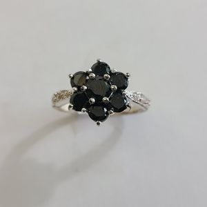 Sterling Silver Black CZ Flower Ring, sz 7